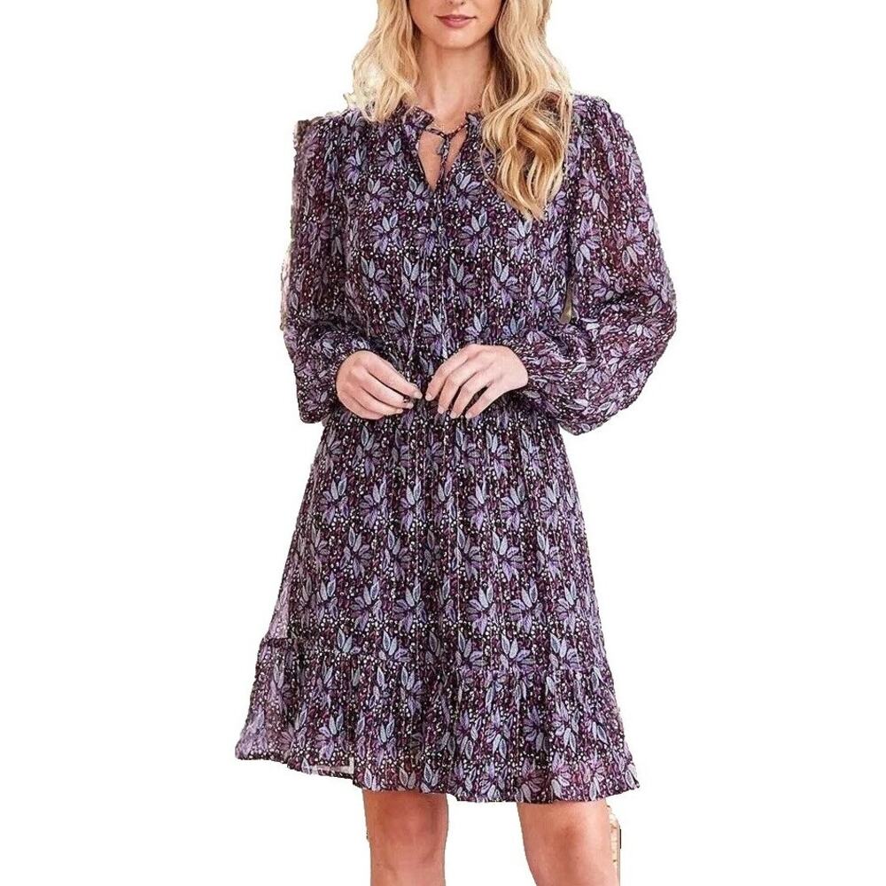 Karen Kane NWT Purple & Black Metallic Gold Long Sleeve Tiereed Blouson Dress